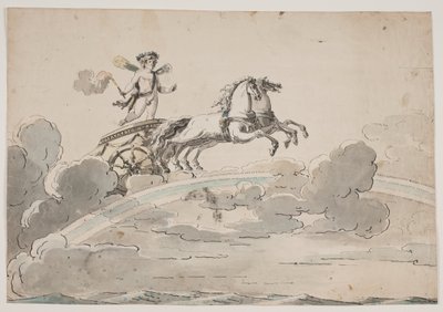 Amor (Eros) rijdend in een wagen op de regenboog door Jens Petersen Lund