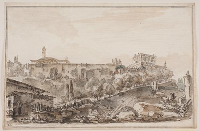 Stadsgezicht met paleis en kerk omgeven door muur door Jens Petersen Lund
