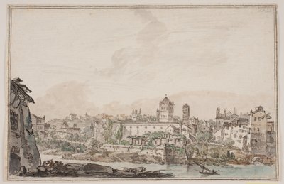 Stadsgezicht met huizen en kerk bij rivier. Het oude Rome door Jens Petersen Lund