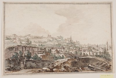 Stadsgezicht met huizen en muur bij rivier; op de achtergrond kerken en paleizen door Jens Petersen Lund
