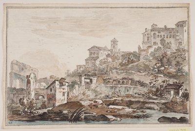 Stadsgezicht met ruïnes en hooggelegen kerk en paleis door Jens Petersen Lund