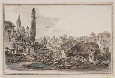 Prospekt met hoge bomen, gebouwen en ruïnes door Jens Petersen Lund