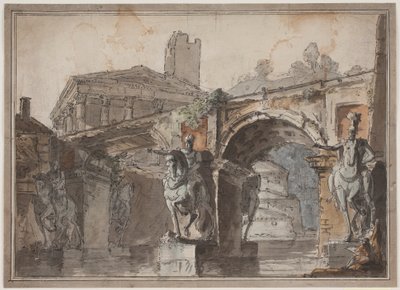 "Romeins" uitzicht met brug, tempelruïne en ruiterstandbeeld door Jens Petersen Lund