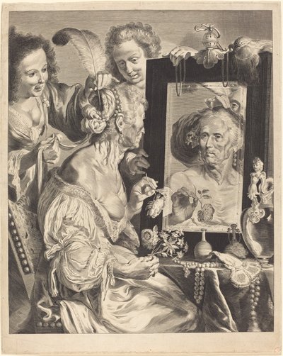 Een Oude Vrouw aan de Toilettafel door Jeremias Falck after Johann Liss after Bernardo Strozzi