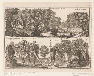 Twee theater scènes met figuren in een bosrijk landschap door Jeremias Wachsmuth