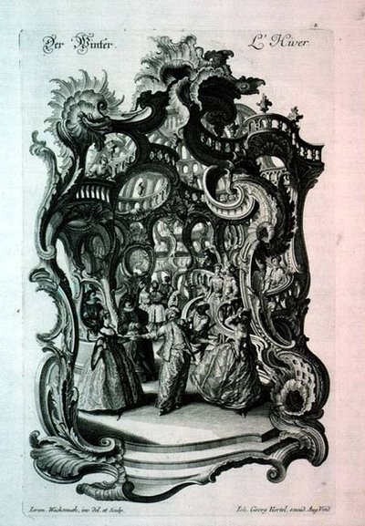 Winter, rococo bladmuziek met een gemaskerd bal, gepubliceerd door Johann Georg Hertel door Jeremias Wachsmuth