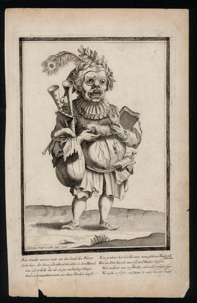 Man met doedelzak en pauwenveren hoofdtooi, surrealistisch kostuum, ca. 1700 door Jeremias Wolff