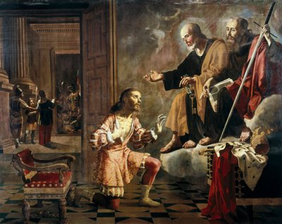 Met de apostelen Sint-Petrus en Sint-Paulus die verschijnen aan de Romeinse keizer Constantijn I de Grote (272-337), de eerste keizer die zich tot het christendom bekeerde door Jeronimo Jacinto Espinosa
