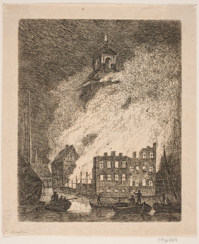 Brand in groot gebouw bij een rivier door Jes Bundsen