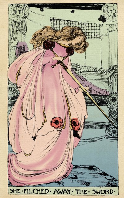 De fee Morgane steelt Excalibur voor haar minnaar om het tegen koning Arthur te gebruiken. Illustratie door Jessie Marion King voor het boek 