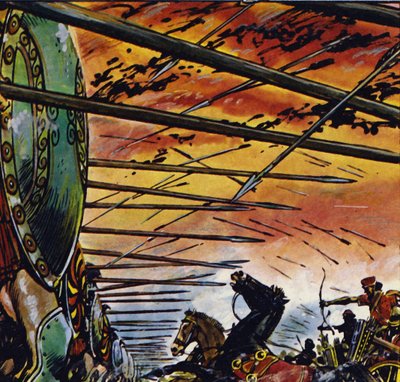 Alexander viel Perzië aan en versloeg Darius (kleurenlitho) door Jesus Blasco