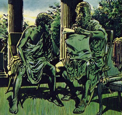 Filips kreeg de hulp van Aristoteles om zijn zoon les te geven (kleurenlitho) door Jesus Blasco