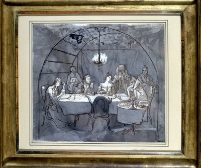 Loofhuttenfeest in het restaurant Kasher door de familie van Moses Ulmann. Tekening op papier, penwas in 1831. Joods Museum Basel, Zwitserland door Jewish School