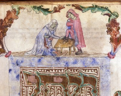Jodendom: Hebreeuwse ritueel van voetwassing (ablutie) van de reiziger. Miniatuur uit een 14e-eeuws Hebreeuws manuscript. Biblioteca Palatina, Parma door Jewish School