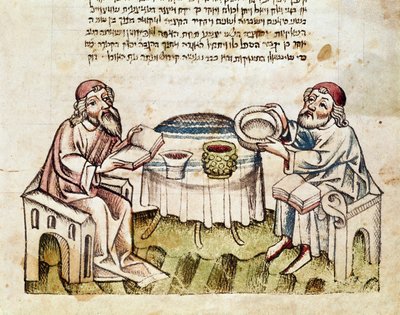Jodendom: twee rabbijnen vieren Pasen met de ceremonie van de Seder, miniatuur uit een Mahzor (gebedenboek in het Hebreeuws) 15e eeuw Parma, Biblioteca Palatina door Jewish School