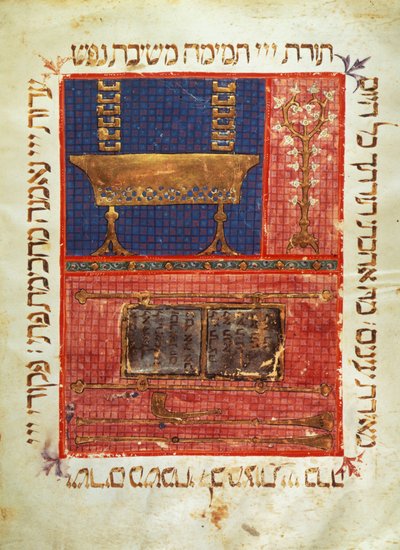 Pagina van een manuscript van een Hebreeuwse Bijbel. Voorwerpen van aanbidding. 14e-eeuwse verluchting. door Jewish School