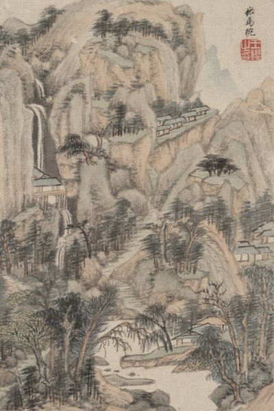 Landschap in de stijl van verschillende oude meesters: In de stijl van Ma Wan, 1669 (inkt en kleur op papier) door Wang Jian