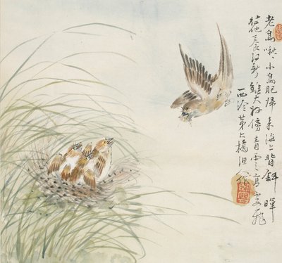 Een vogel die voedsel in zijn bek draagt, 1857 door Jin Yuan