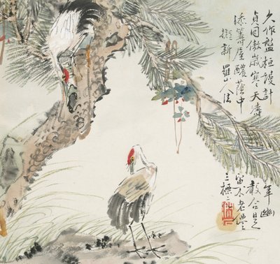 Een paar kraanvogels bij een dennenboom door Jin Yuan