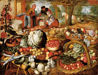 Een groentekraam met de Vlucht naar Egypte op de achtergrond door Joachim Beuckelaer