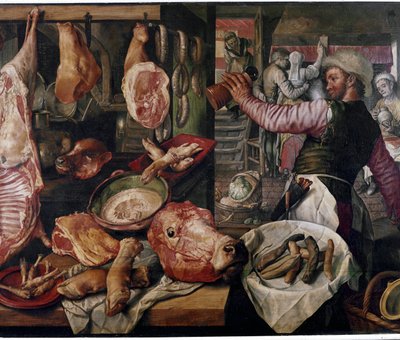 Slagerij. (Vleesmarkt). Bijzonder door Joachim Beuckelaer or Bueckelaer
