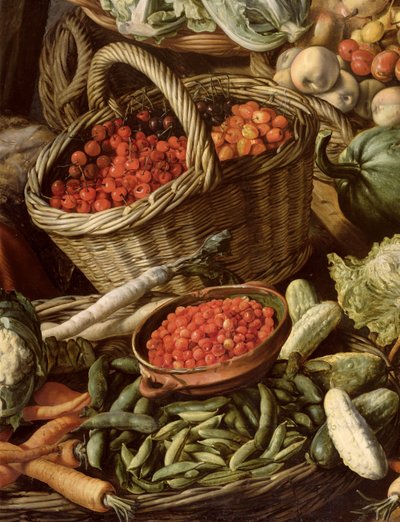 Detail van Stilleven met fruit, groenten en een marktvrouw (detail) door Joachim Beuckelaer