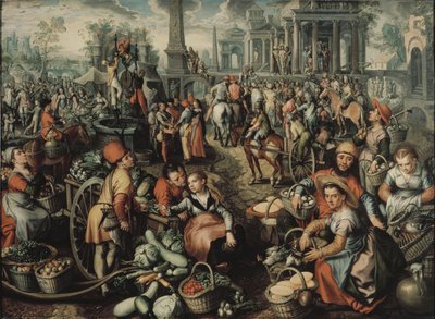 Marktscène: Ecce Homo, de geseling en het dragen van het kruis, 1561 door Joachim Beuckelaer