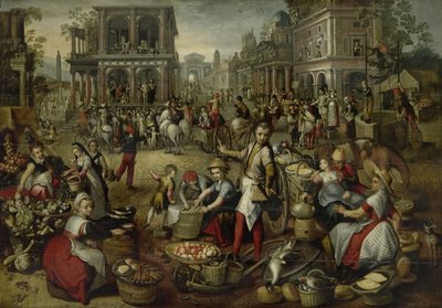 Marktplaats, met de geseling, de Ecce Homo en het dragen van het kruis op de achtergrond, 1550-90 door Joachim Beuckelaer