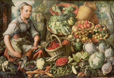 Stilleven met fruit, groenten en een marktvrouw door Joachim Beuckelaer
