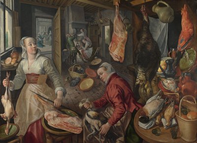 De Vier Elementen: Vuur. Een Keukenscène met Christus in het Huis van Martha en Maria op de Achtergrond - door Beuckelaer (Bueckelaer), Joachim (1533-1574) - 1569 National Gallery, Londen door Joachim Beuckelaer
