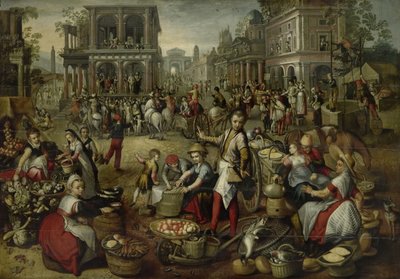 Marktplaats, met de geseling, de Ecce Homo en het dragen van het kruis op de achtergrond door Joachim Bueckelaer (copy after)