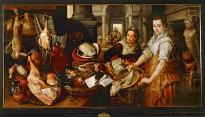 Jezus Christus bij Martha en Maria thuis ... (schilderij op doek) door Joachim Bueckelaer