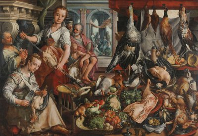 De goed gevulde keuken, met Jezus in het huis van Martha en Maria op de achtergrond door Joachim Bueckelaer