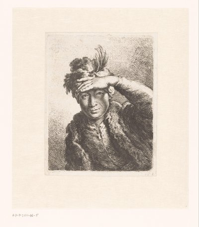 Portret van een man met een gevederde baret door Joachim Martin Falbe