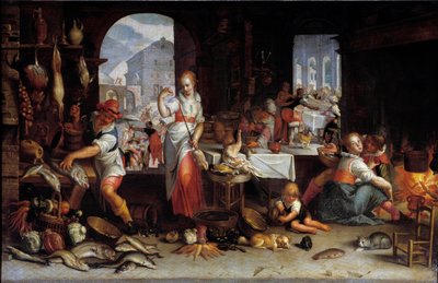 Een vrouw draait een kip in een keuken vol voedsel door Joachim Wtewael or Utewael
