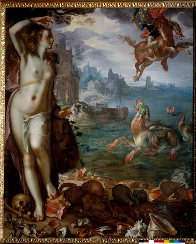 Perseus redt Andromeda geketend aan een rots door Joachim Wtewael or Utewael