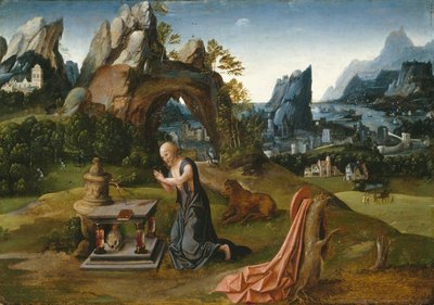 Sint Hiëronymus biddend in een landschap door Joachim follower of Patenier or Patinir