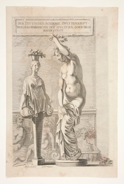 Een standbeeld en vrouwelijke herm met vazen en fruit door Joachim von Sandrart