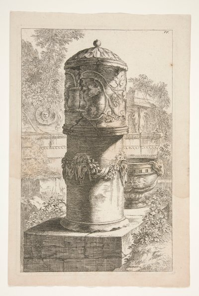 Een hoge bedekte urn en een kom in een landschap met klassieke ruïnes door Joachim von Sandrart
