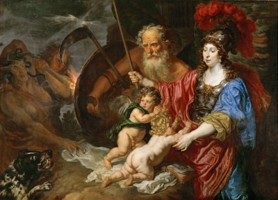 Barok: Minerva en Saturnus beschermen Kunst en Wetenschap tegen Afgunst en Valsheid door Sandrart, Joachim, von (1606-1688) door Joachim von Sandrart