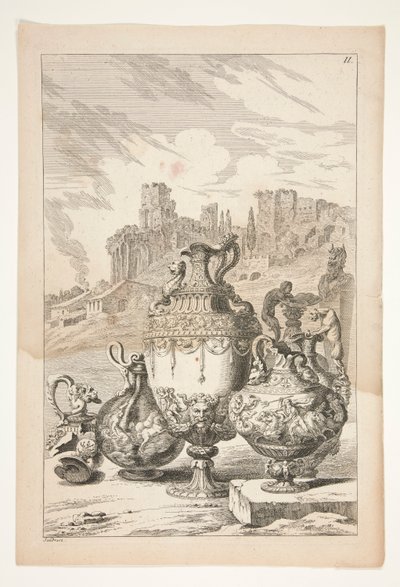 Vier vazen, een gebroken vaas, een gebroken kandelaar en een herm in een landschap met klassieke ruïnes door Joachim von Sandrart