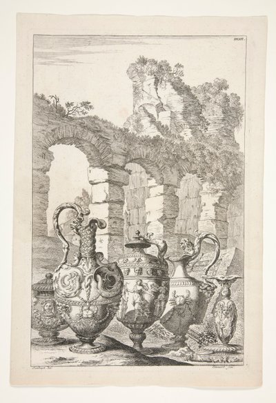 Drie Kruiken, Een Gedekte Vaas en een Kandelaar in een Landschap met Ruïnes door Joachim von Sandrart