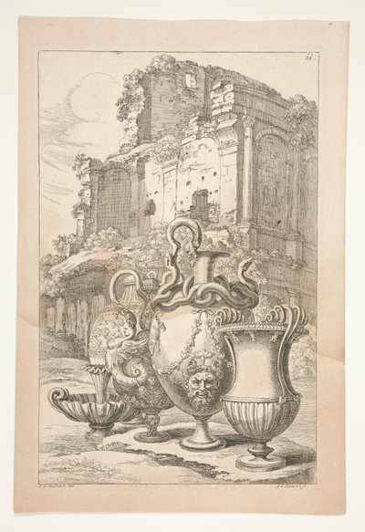 Vazen in een landschap tussen antieke ruïnes door Joachim von Sandrart