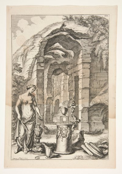 Vrouw in antieke jurk met urnen, standaards en ruïnes door Joachim von Sandrart