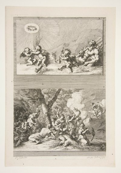 Bovenste helft: Een Riviergod en Putti die spelen met de Symbolen van Roem Onderste helft: De Straf van Cupido door Joachim von Sandrart
