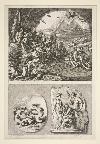 bovenste helft: Quos Ego? onderste helft: Twee antieke reliëfs: De drie schikgodinnen en een onbekend onderwerp door Joachim von Sandrart