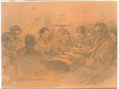 De familie Johan Lange verzameld rond de lamp door Joakim Frederik Skovgaard