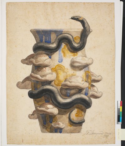 Voorstudie voor vaas versierd met plastisch gevormde slang en paddenstoelen door Joakim Frederik Skovgaard
