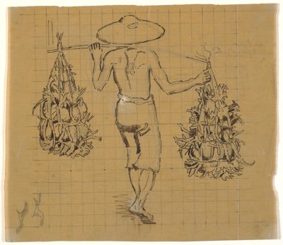 Javanese koelie met twee lasten op een juk, van achteren gezien door Joakim Frederik Skovgaard