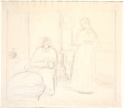 Interieur met klok en zittende en staande vrouw door Joakim Frederik Skovgaard